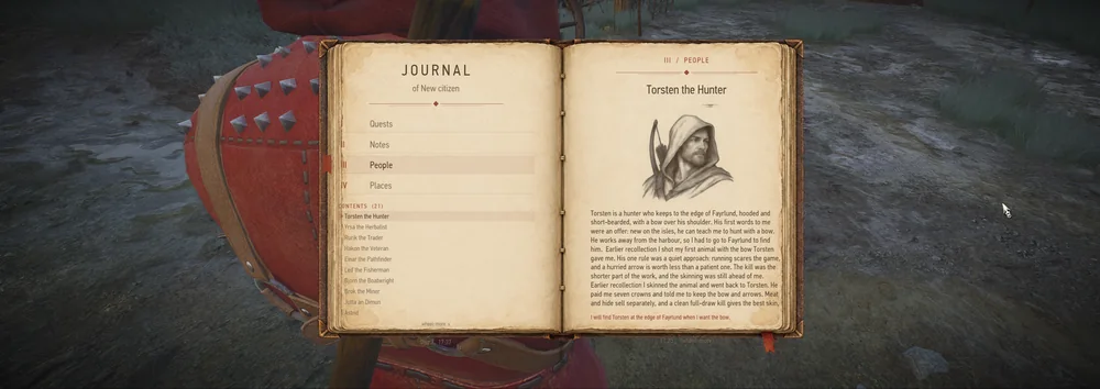 The in-game journal open to Tomas the Hunter
