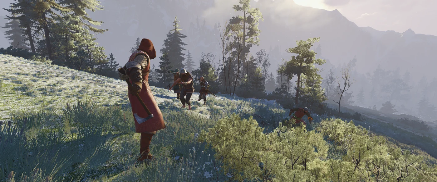An axe-wielding character faces a group of fighters on a pine-covered mountain slope
