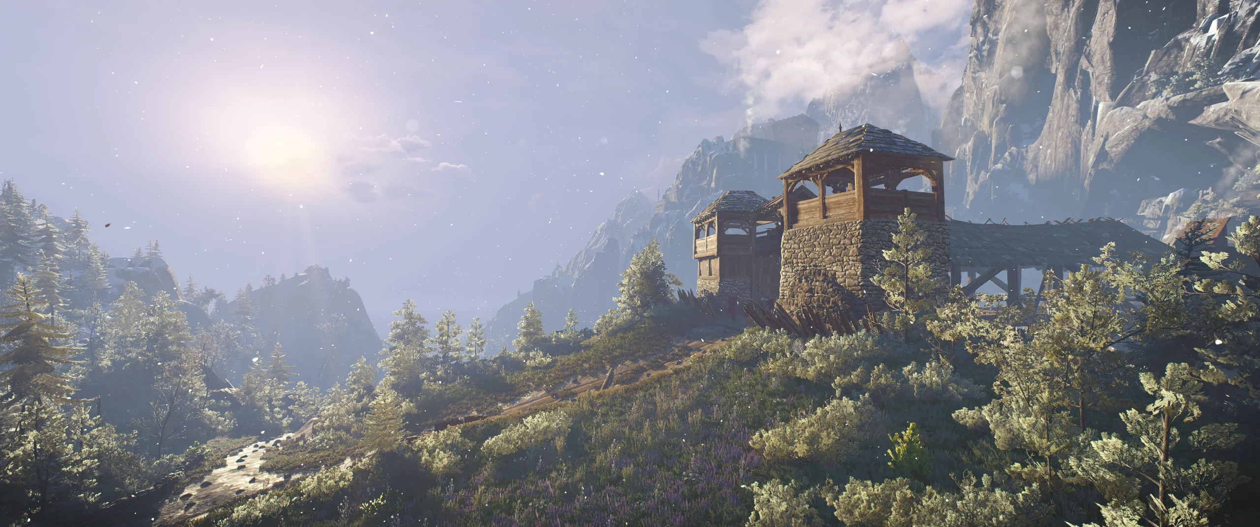 A timber gatehouse above a forest path in Skellige