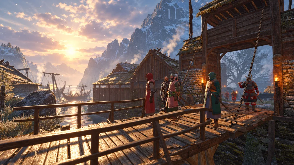 A winter settlement and wooden harbour beneath the mountains