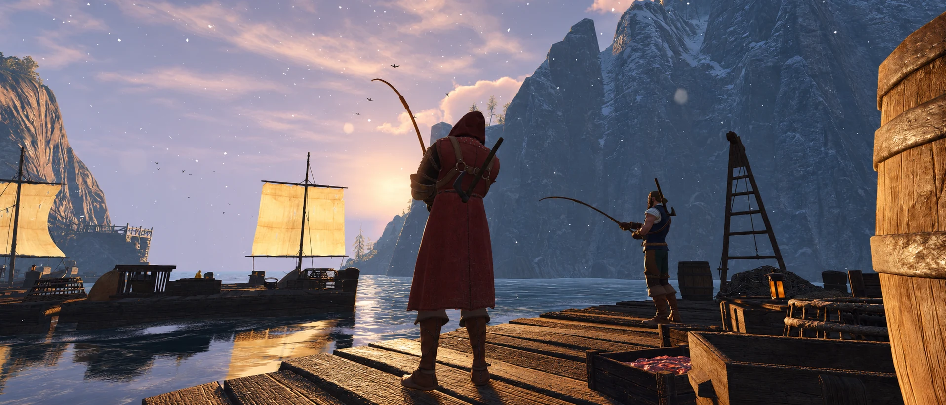 Fishing on a wooden pier beside a snowy fjord at sunset