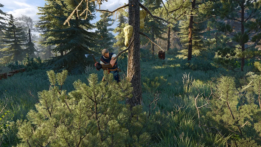 A character working with an axe in a sunlit Skellige forest